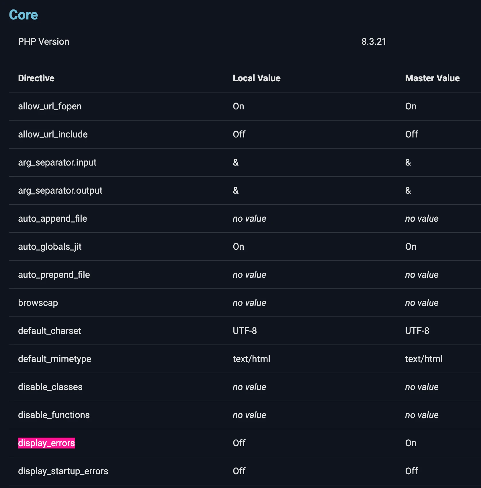 PHP情報画面でdisplay_errorsのLocal ValueがOffになっている確認画面