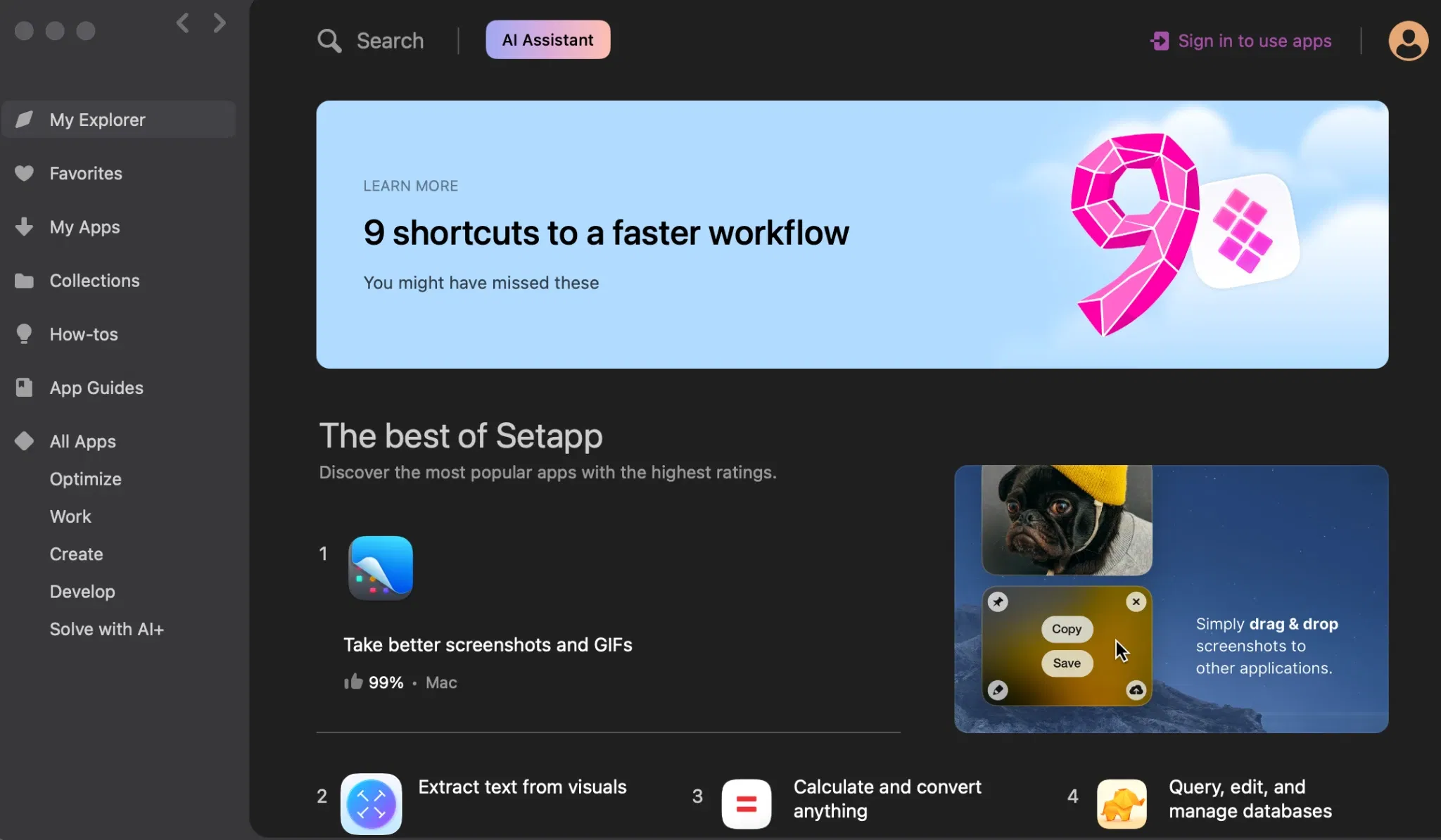 Setappダッシュボード画面 - AIアシスタント機能と人気アプリ一覧